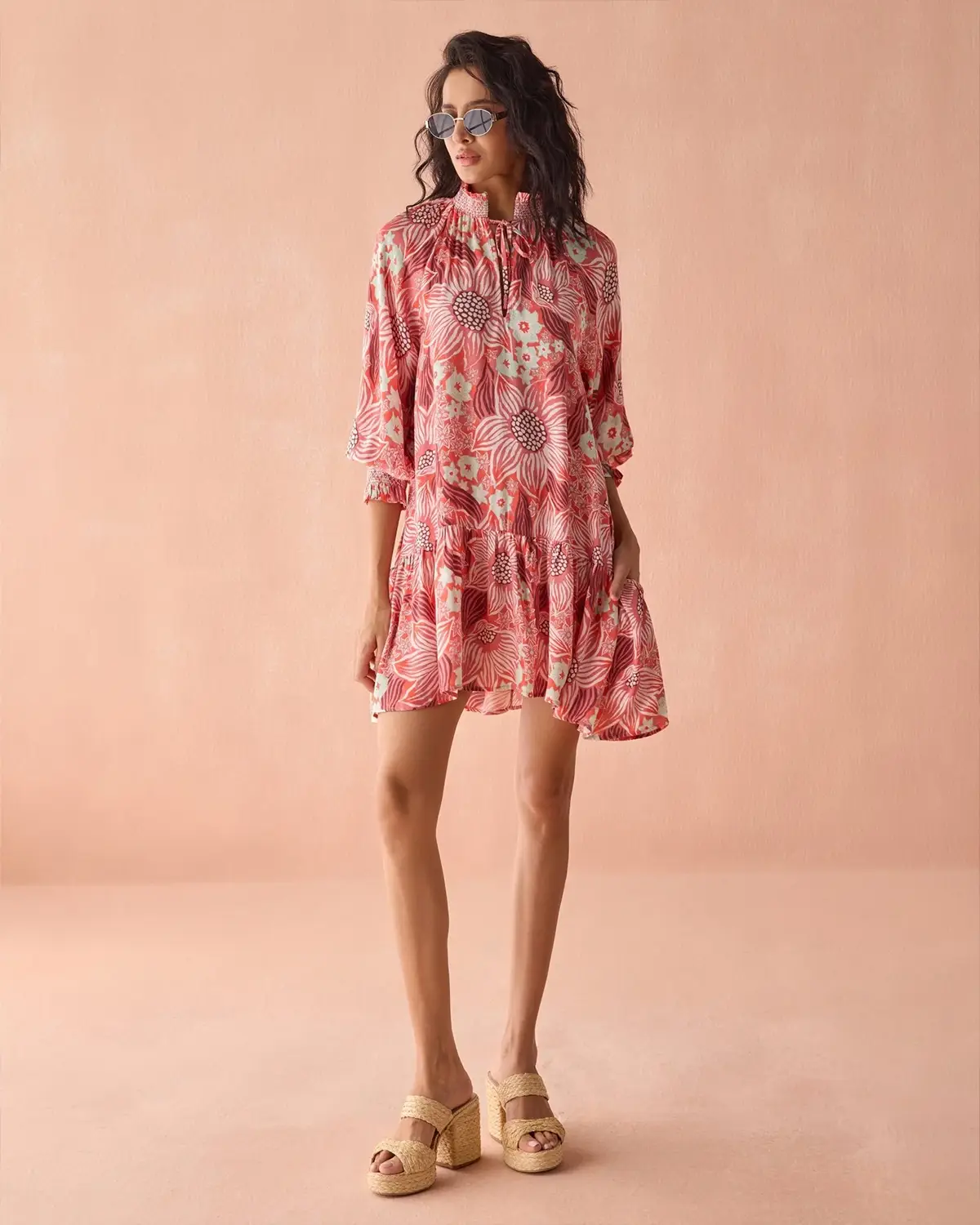 Coral Bloom Mini Dress